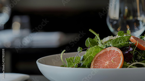Obraz na płótnie A fresh salad with greens and citrus served in a restaurant setting. w salonie