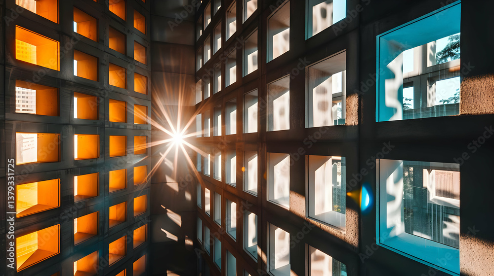 A geometric interior with illuminated windows casting light patterns.