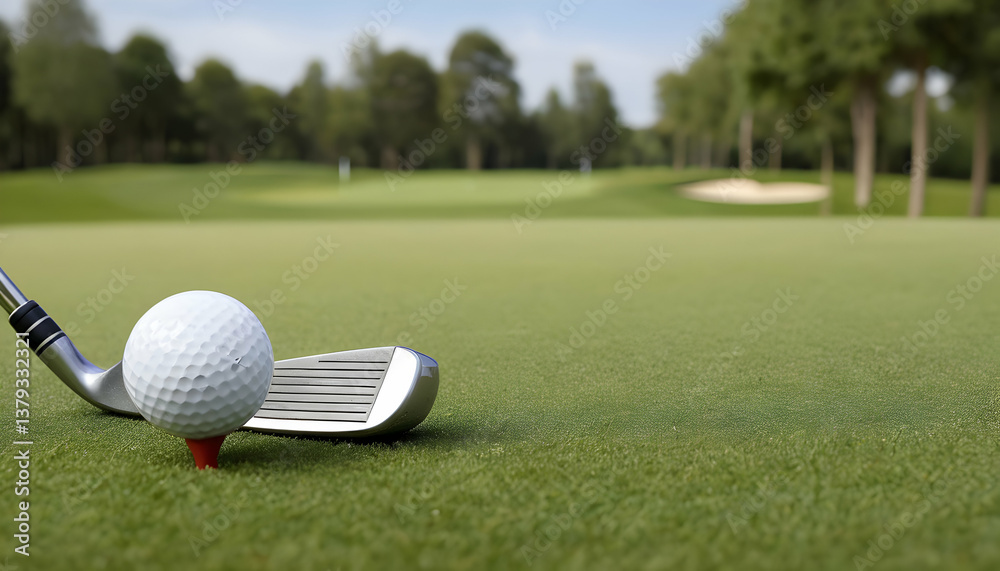A golf ball on a tee with a club in a lush green golf course setting.