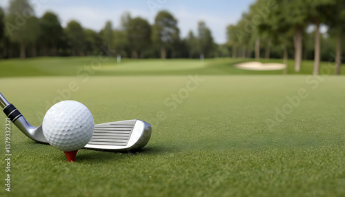 Obraz na płótnie A golf ball on a tee with a club in a lush green golf course setting. w salonie