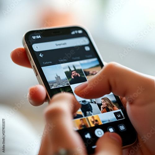 Person using smartphone, browsing through pictures on social network. Close-up Macro. Finger scrolling social media app feed, information search.