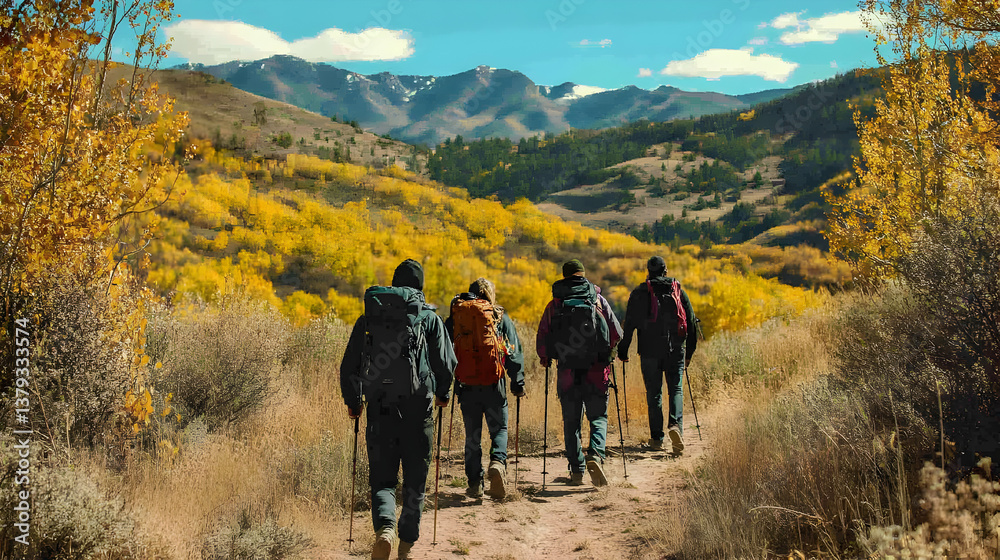 A group of hikers trekking through a vibrant autumn landscape with mountains in the background.