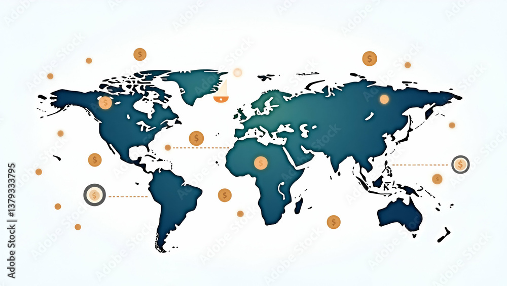 Fototapeta premium Flat Depicting modern stock visuals of cross border digital currency networks showcasing secure international digital payments advanced blockchain applications and transformative global fintech connec