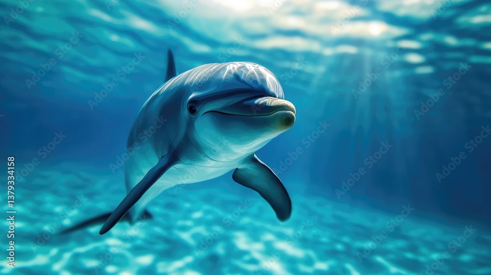 Fototapeta premium Dolphin Swimming Underwater in the Ocean with Sunlight Rays Shining Through