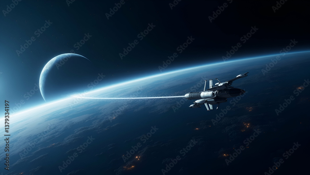 Naklejka premium Modern Minimalist Wallpaper Design: Space Tethers, Expansive Empty Space, Sleek Digital Graphics, Advanced Tether Technology, Innovative Momentum Exchange Systems, Transformative Orbital Transfer Meth