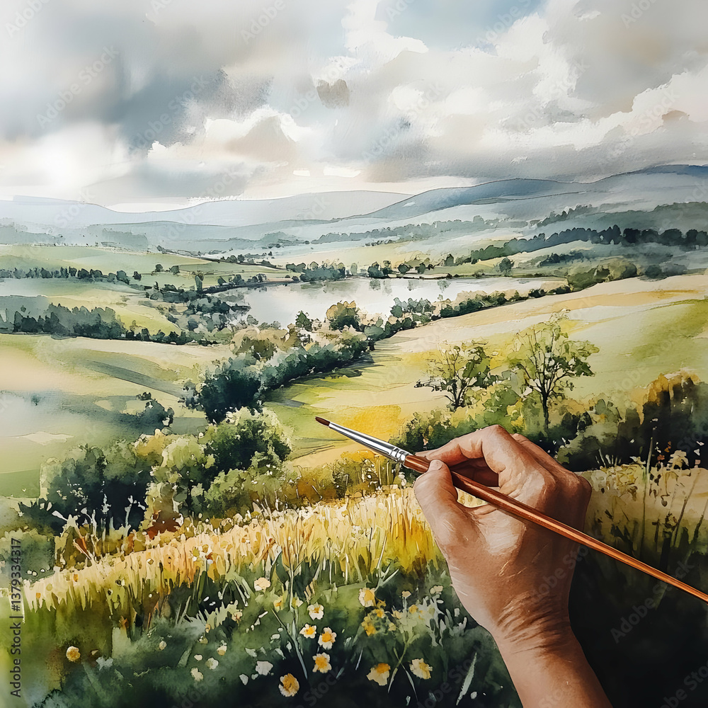 A hand painting a serene landscape with hills, trees, and a river under a cloudy sky.