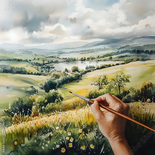 Obraz na płótnie A hand painting a serene landscape with hills, trees, and a river under a cloudy sky. w salonie