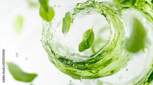 A high-speed capture of botanical splash art, semi-transparent green liquid shaped in a loose spiral, leafy herbs embedded inside