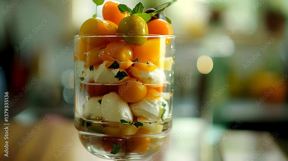 A layered glass dish featuring colorful fruits and creamy mozzarella.