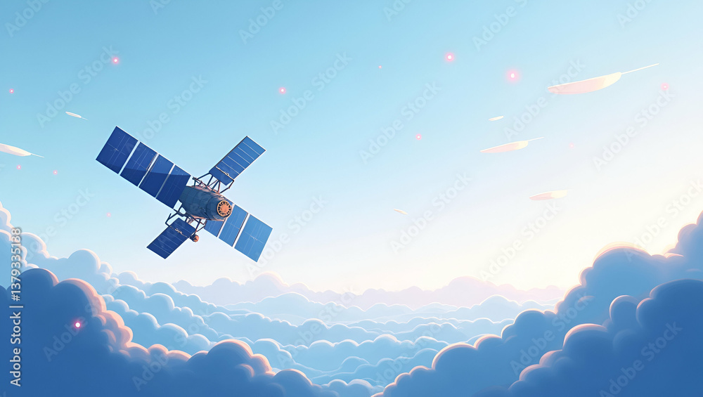 Obraz premium Flat Present a refined wallpaper design depicting satellite deployment with abundant empty space and modern digital accents that represent advanced orbital insertion innovative satellite network integ