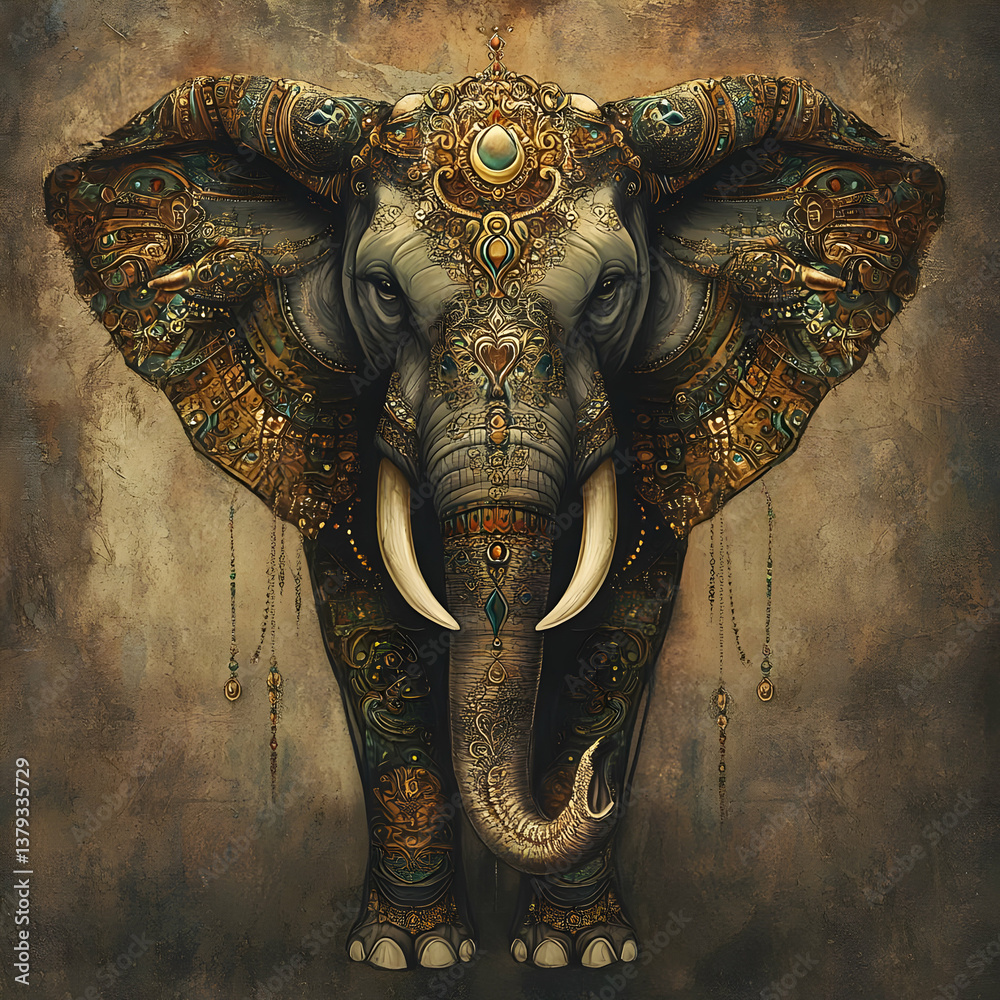 A majestic elephant adorned with intricate patterns and ornaments.