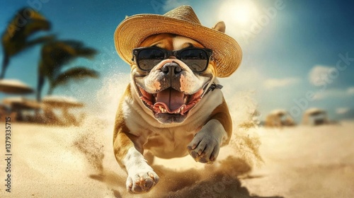Bulldog wearing a straw hat and a neck scarf, adding charm to the scene.