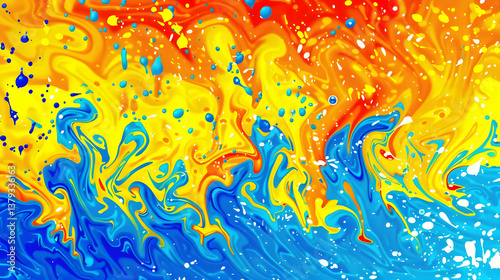 Vibrant abstract design with swirling colors of orange, yellow, and blue.