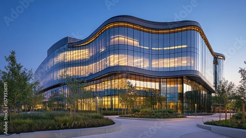 Modern glass campus building twilight