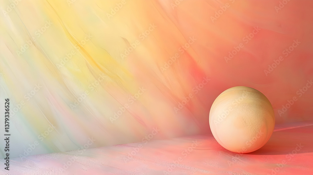 A minimalist composition featuring a smooth sphere against a colorful abstract background.