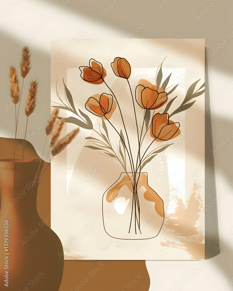 A minimalist illustration of orange flowers in a vase against a soft background.