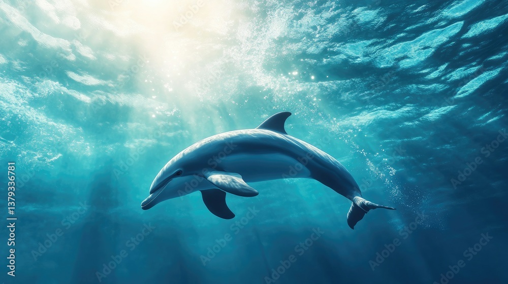 Fototapeta premium Dolphin Swimming Underwater with Sun Rays in Blue Ocean Water