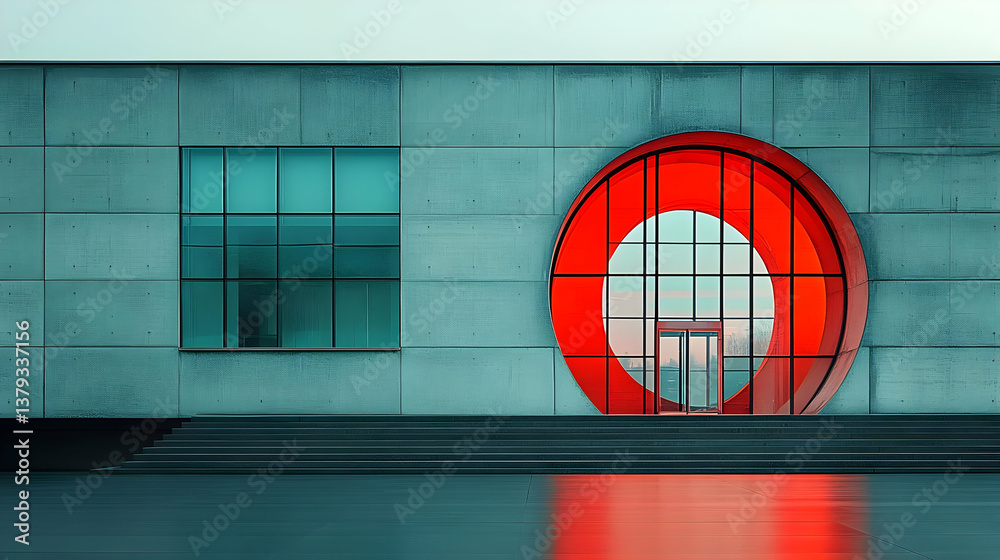A modern architectural facade featuring a circular red entrance and large glass windows.
