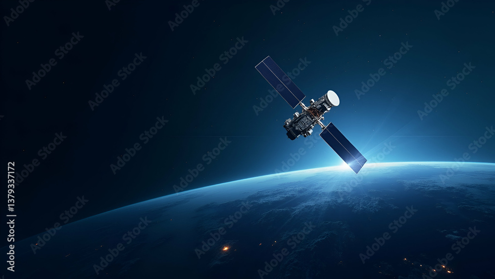 Obraz premium Sleek Satellite Internet Wallpaper Design: Innovative Broadband Communication & Advanced Digital Transmission Systems with Expansive Empty Space for Conceptual Use