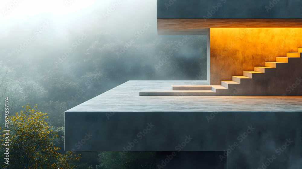 A modern architectural structure with illuminated stairs, set against a misty landscape.