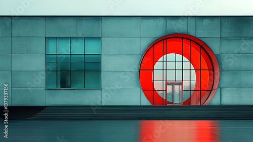 Obraz na płótnie A modern architectural facade featuring a circular red entrance and large glass windows. w salonie