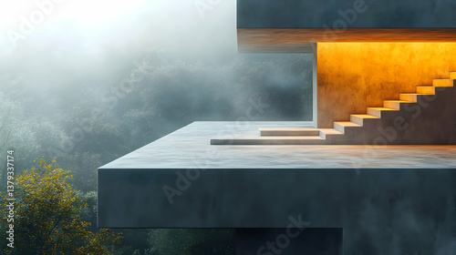 Obraz na płótnie A modern architectural structure with illuminated stairs, set against a misty landscape. w salonie