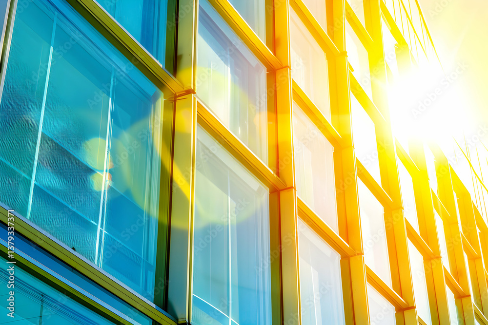 A modern building's glass facade reflecting sunlight with vibrant colors.