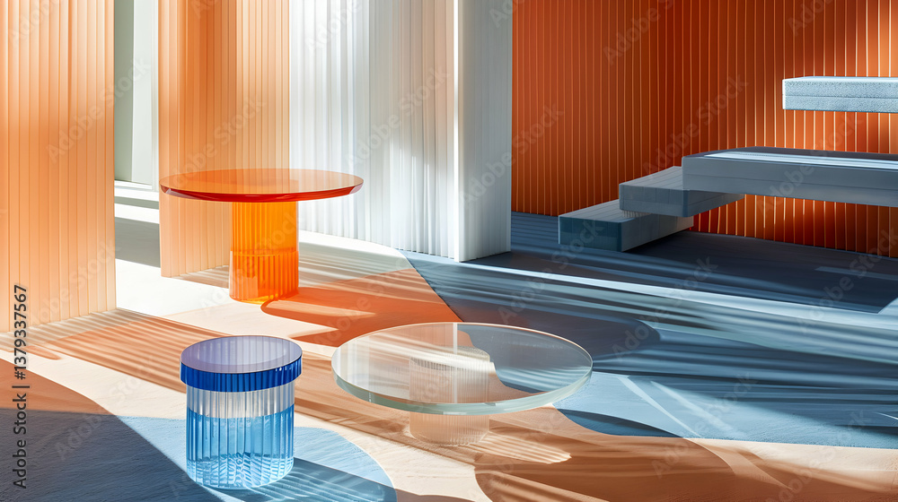A modern interior featuring colorful furniture and vibrant shadows.