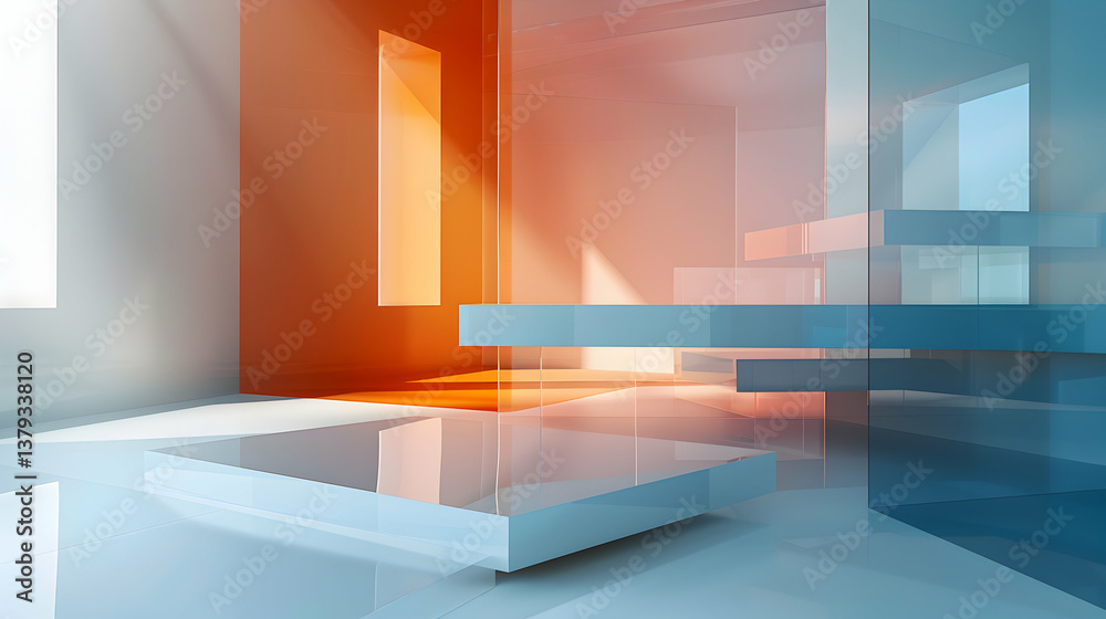 A modern, abstract interior space with colorful translucent panels and light reflections.