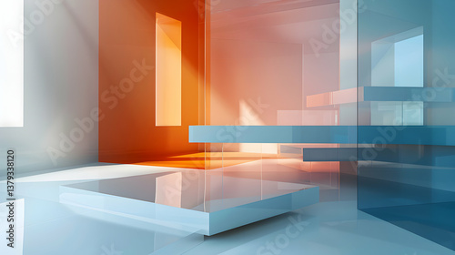 Obraz na płótnie A modern, abstract interior space with colorful translucent panels and light reflections. w salonie