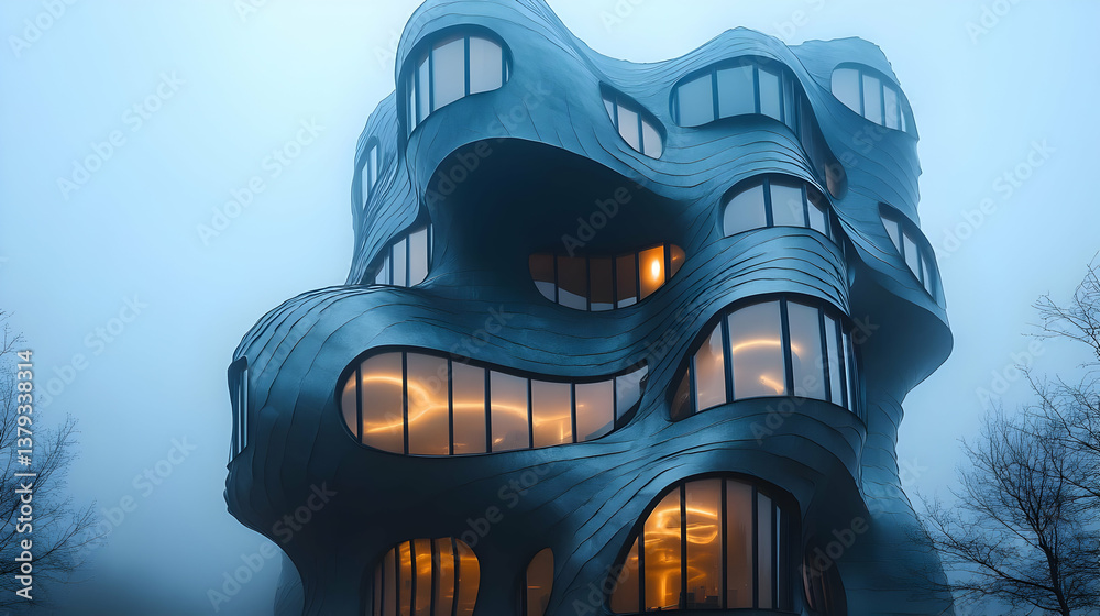A modern, wavy architectural structure illuminated in fog.