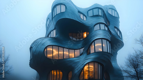 Obraz na płótnie A modern, wavy architectural structure illuminated in fog. w salonie