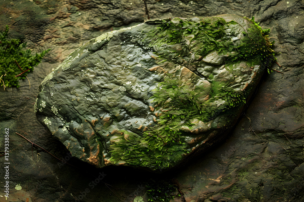 A moss-covered rock resting on a textured surface, showcasing nature's beauty.