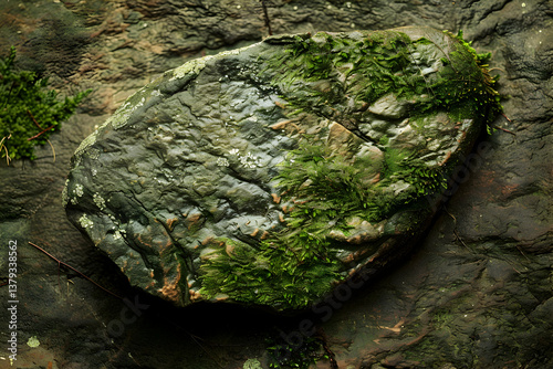 Obraz na płótnie A moss-covered rock resting on a textured surface, showcasing nature's beauty. w salonie