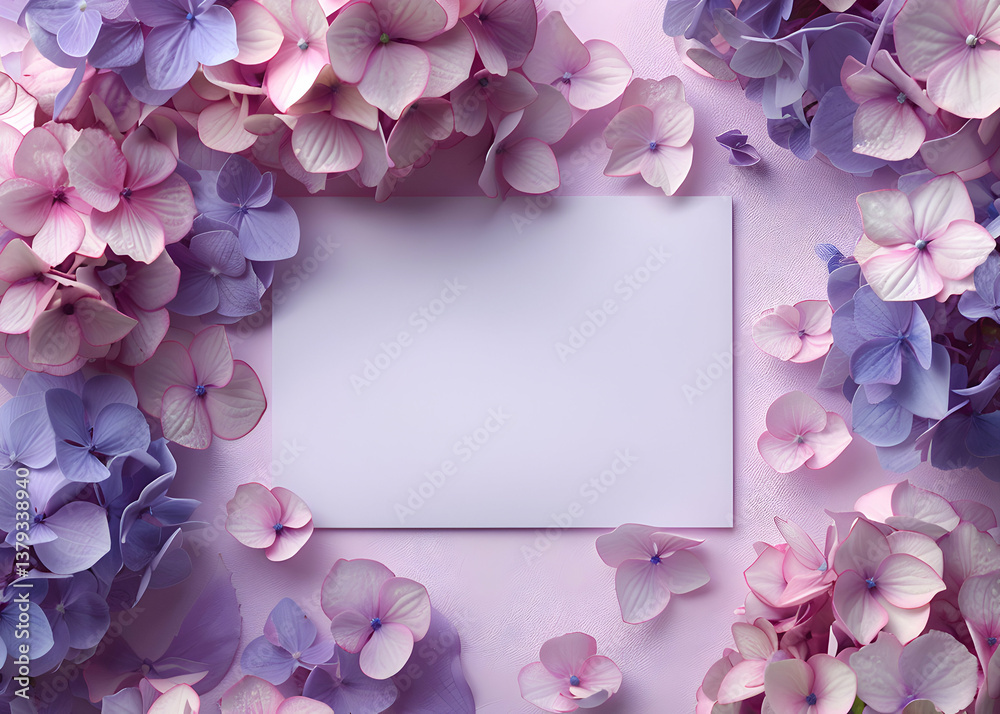 A pastel arrangement of hydrangea flowers framing a blank card for invitations or notes.