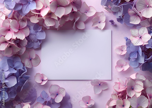 Obraz na płótnie A pastel arrangement of hydrangea flowers framing a blank card for invitations or notes. w salonie