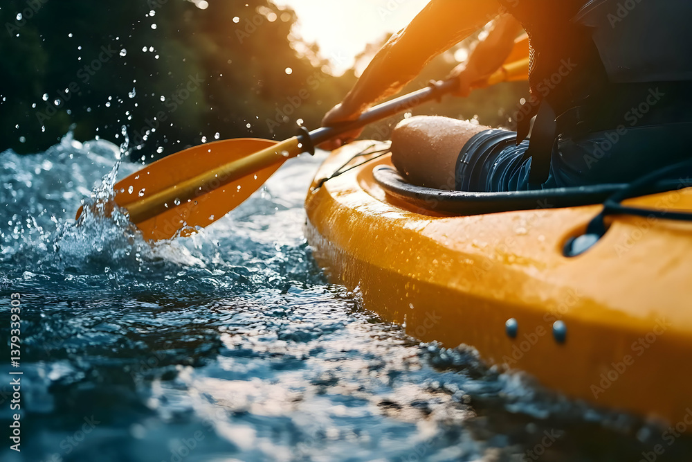 A person kayaking on a river, splashing water with a bright orange paddle.