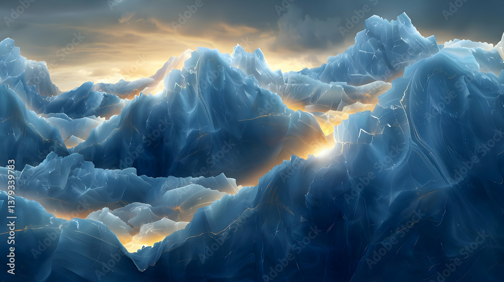 A serene landscape of icy mountains illuminated by a warm, golden light.