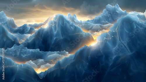 Obraz na płótnie A serene landscape of icy mountains illuminated by a warm, golden light. w salonie