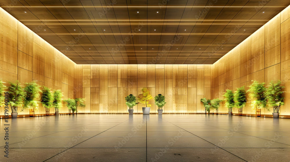 A spacious, modern interior featuring wooden walls and potted plants.