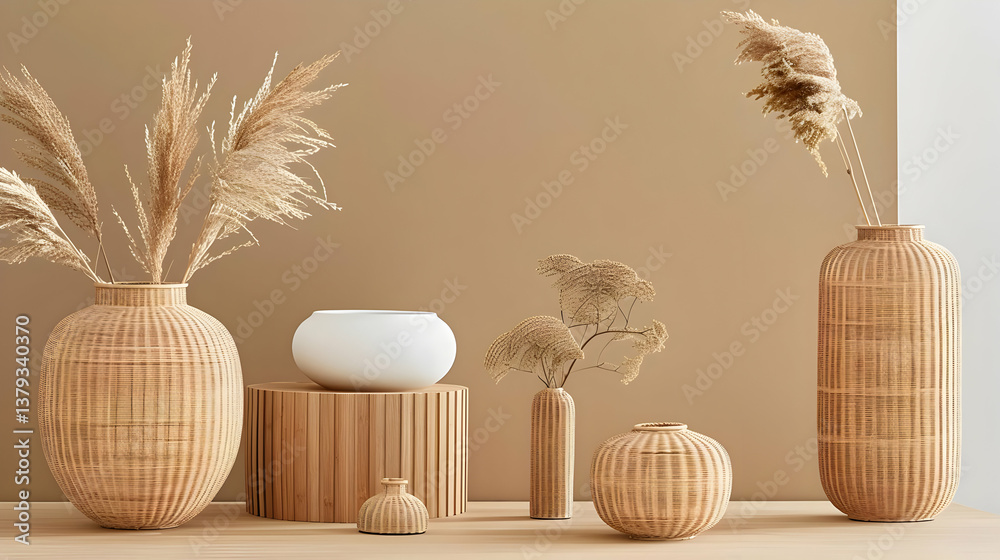 A stylish arrangement of various textured vases and dried plants against a neutral backdrop.
