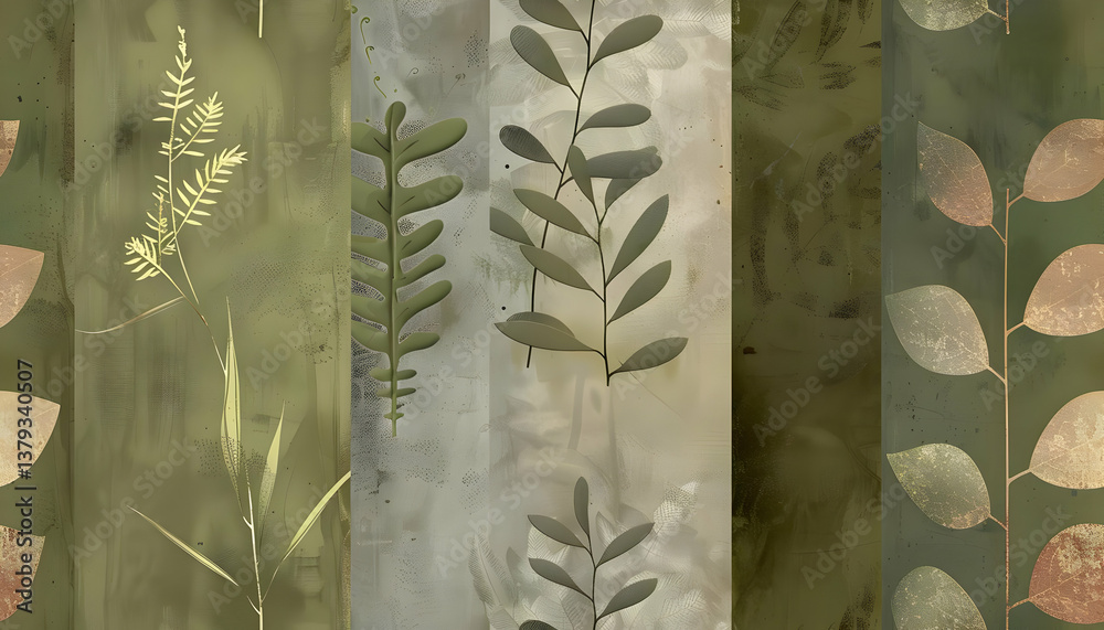 A stylized illustration of various green plants on textured backgrounds.