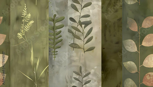 Obraz na płótnie A stylized illustration of various green plants on textured backgrounds. w salonie