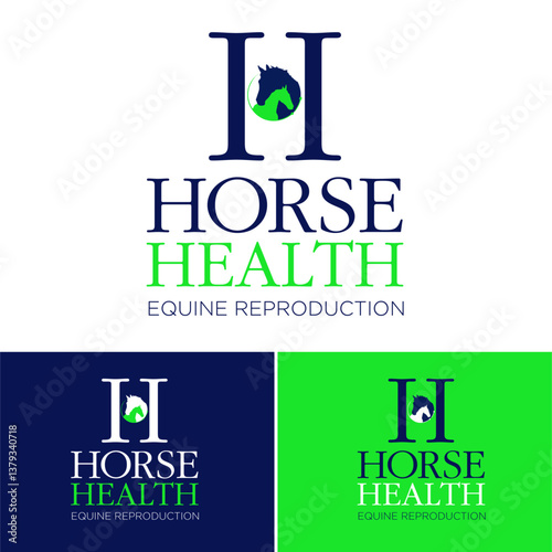 Logo Horse Health mare foal medicine hospital equine vet veterinary REPRODUCTION SPERM design visual identity Blue GrEEN Monogram H