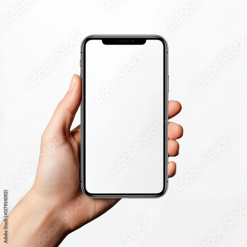 Mano sosteniendo un teléfono móvil inteligente con pantalla blanca.