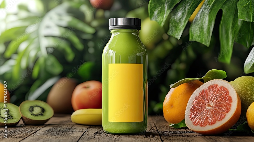 Green Juice Bottle Mockup for Tropical Fruits. Green Juice Bottle Mockup for Tropical Fruits.