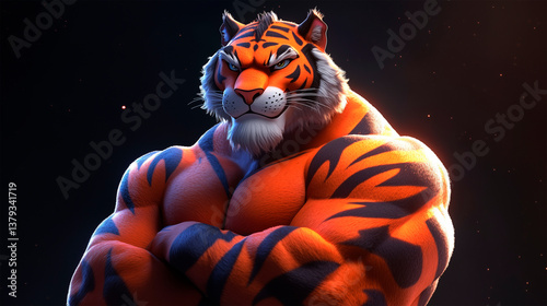 A proud and domineering anthropomorphic tiger, with vibrant stripes and an intense gaze that seems to burn with determination. It stands with its arms crossed, wearing a confident smile and an air of  photo