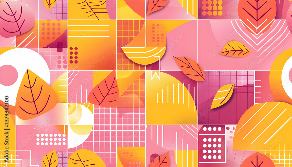 A vibrant abstract design featuring leaves and geometric patterns in warm colors.