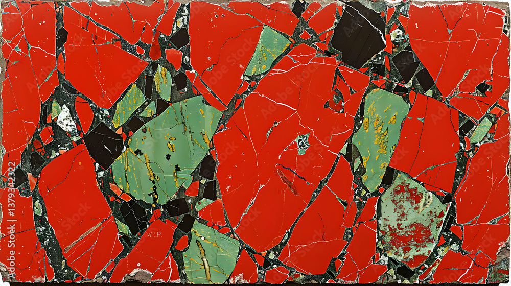 A vibrant abstract surface composed of red, green, and black stone fragments.