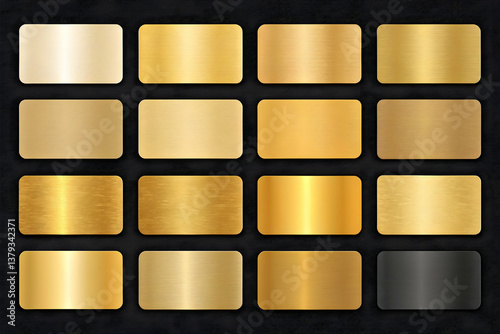 A collection of luxurious gold gradient swatches with a metallic finish, displayed in a rounded rectangular format on a dark background. The gradients vary from smooth transitions to more defined ligh